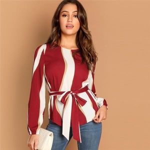 NWOT Burgundy Self Belted Striped Blouse